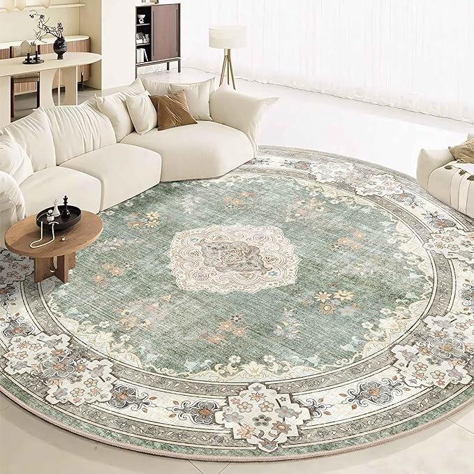 MUJOO Green Round Rug 9ft,Large Circle Washable Area Rugs for Bedroom Living Room Bathroom,Boho Non Slip Circular Carpet,Sage Floral