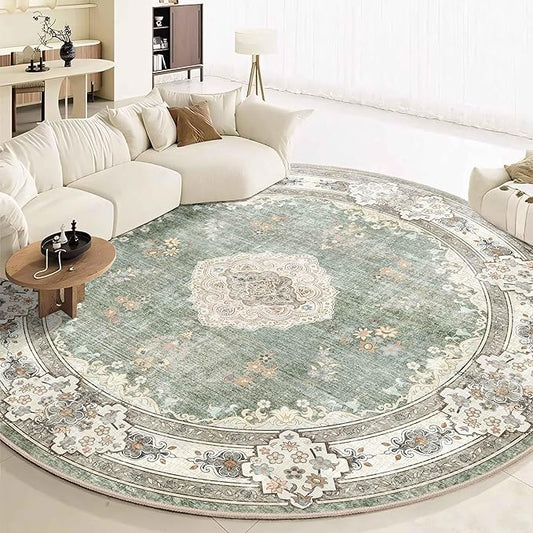 MUJOO Green Round Rug 9ft,Large Circle Washable Area Rugs for Bedroom Living Room Bathroom,Boho Non Slip Circular Carpet,Sage Floral