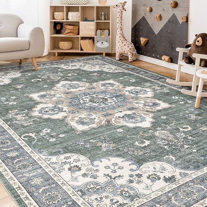 Area Rug for Living Room - 6x9 Soft Washable Oriental Vintage Floral Distressed Large Carpet - Fade Stain Resistant Non Slip Rugs for Bedroom Dining Room Nursery Dorm Office Home Decor - Green