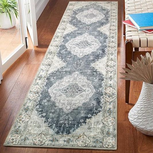 MUJOO Hallway Runner Rug 2'x8' Blue Grey Long Rug Runners Boho Machine Washable Non Slip Carpet for Entryway Kitchen Bathroom Bedside Retro Soft Low-Pile Blossom
