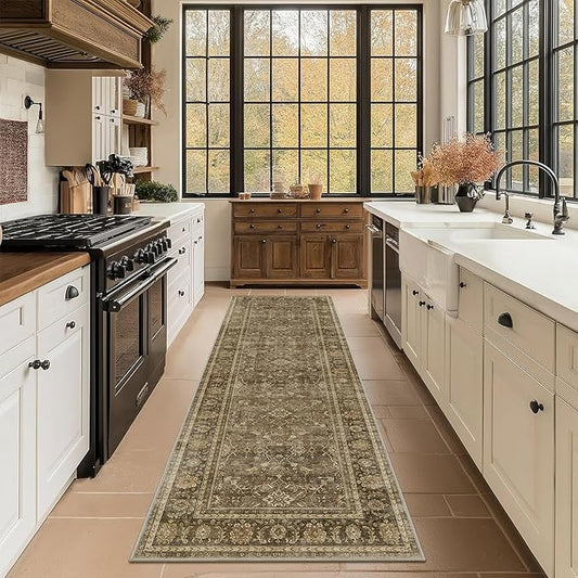 2x6 Runner Rug for Hallways Vintage Distressed Non Slip Long Carpet Floral Boho Distress Print Pattern Mat Lightweight Retro Accent Throw Carpet for Kitchen Bedroom Bedside Laundry Room-Brown ﻿