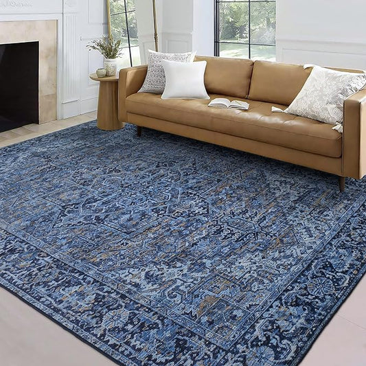 ReaLife Rugs Machine Washable Area Rug - Living Room Bedroom Bathroom Kitchen Entryway Office - Padded Low Pile Stain Resistant Premium - Boho Vintage Traditional - Lyle - Blue 4' x 6'