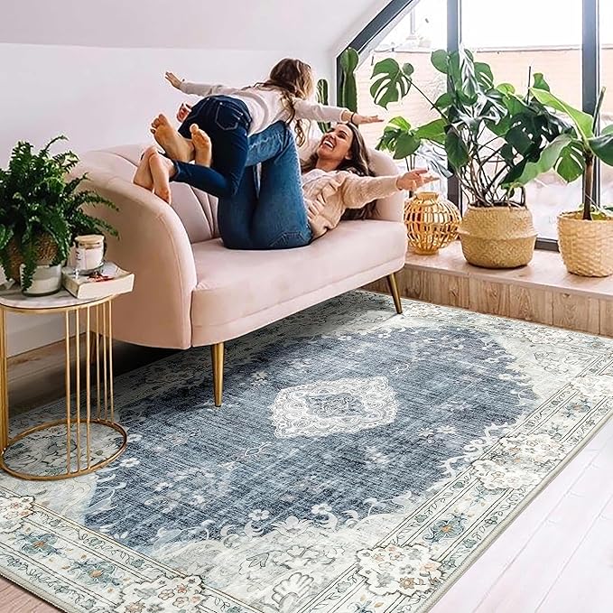 MUJOO Boho Rug 4'x6.5' Area Rugs for Bedroom Living Room Dining Room Blue Grey Rugs Machine Washable Non Slip Carpet for Office Dorm Kitchen Laundry Room Accent Soft Low-Pile Floral