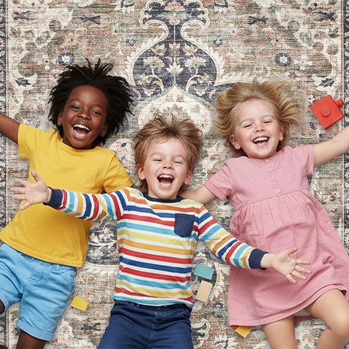 ReaLife Rugs Machine Washable Area Rug Runner - Living Room Bedroom Bathroom Kitchen Entryway Office - Padded Low Pile Stain Resistant Premium - Boho Farmhouse Vintage - Joy - Brown Beige 2'6" x 10'