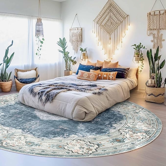 MUJOO Blue Round Rug 9ft,Large Circle Washable Area Rugs for Bedroom Living Room Bathroom,Boho Non Slip Circular Carpet,Floral