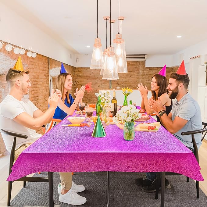 2 Pcs Fuchsia Red Holographic Plastic Tablecloths Laser Table Covers 40" x 108" Foil Disposable Table Cloths for Themed Birthday Party Wedding Christmas Holiday Party Decorations