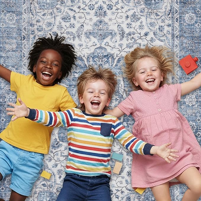 ReaLife Rugs Machine Washable Area Rug Runner - Living Room Bedroom Bathroom Kitchen Entryway Office - Padded Low Pile Stain Resistant Premium - Boho Farmhouse Vintage - Joy - Blue Ivory 2'6" x 6'