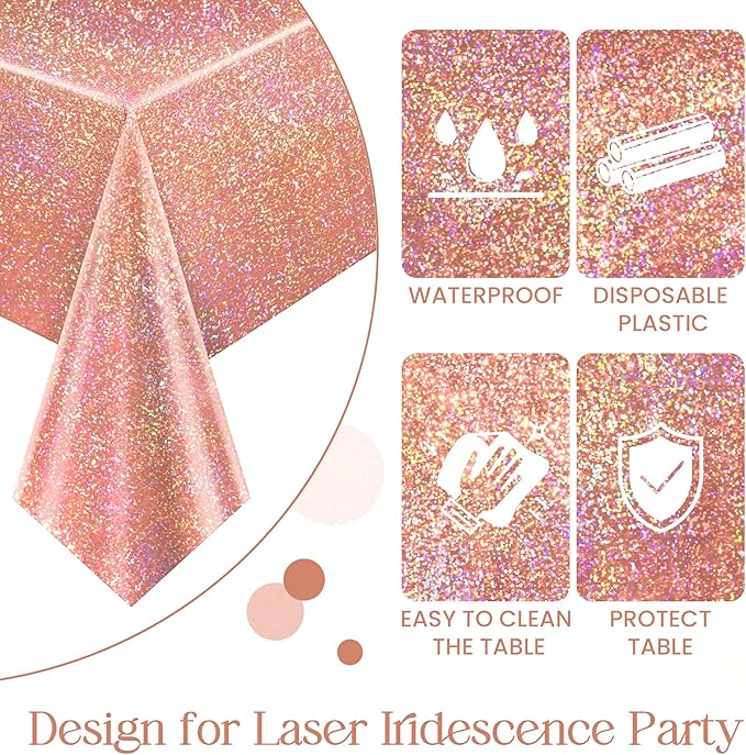 2 pcs Rose Gold Holographic Table Cloth 40" x 108" Shiny Bachelorette Party Decorations Plastic Laser Sparkly Tablecloth Glitter Table Decor for Wedding Anniversary Event Birthday Party Supplies