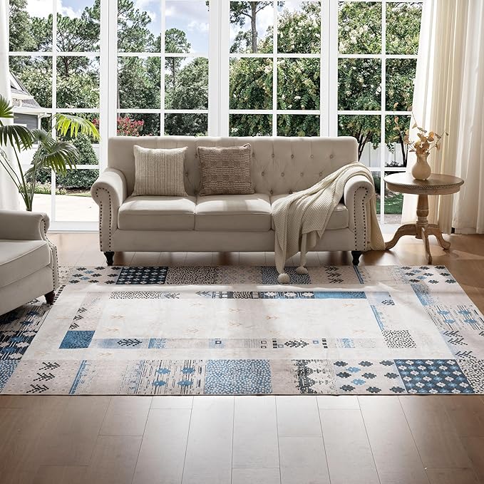 8X10 Area Rug,Washable Vintage Low Pile Rugs for Living Room,Non-Slip Rug for Home Decor,Foldable Indoor Carpet for Dining Room Bedroom Home Office,Countryside