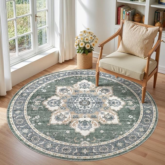 Area Rug for Living Room - 5x5 Soft Washable Oriental Vintage Floral Distressed Large Carpet - Fade Stain Resistant Non Slip Rugs for Bedroom Dining Room Nursery Dorm Office Home Decor - Green