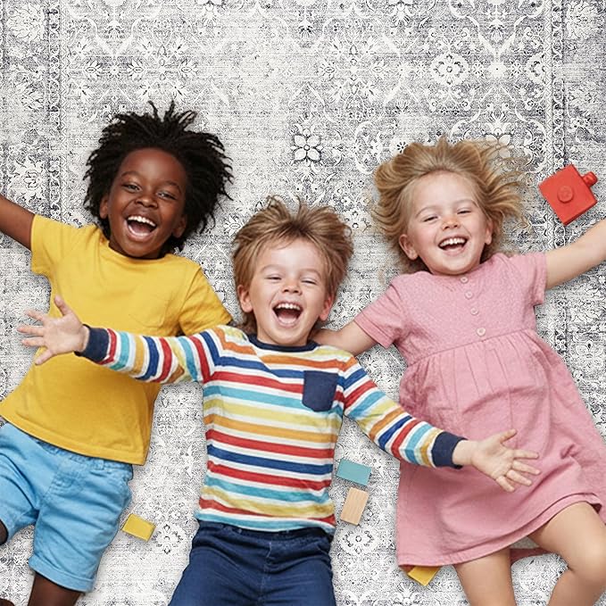 ReaLife Rugs Machine Washable Area Rug Runner - Living Room Bedroom Bathroom Kitchen Entryway Office - Padded Low Pile Stain Resistant Premium - Boho Farmhouse Vintage - Noor - Silver Ivory 2'6" x 6'