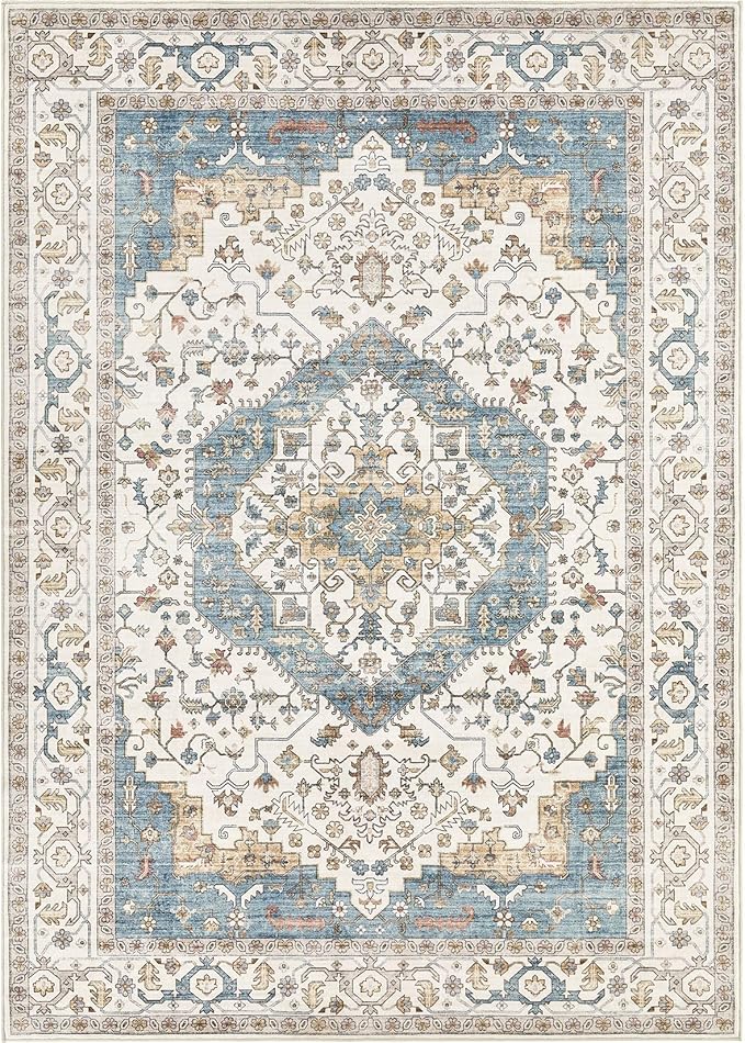 Area Rug for Living Room - 9x12 Soft Washable Oriental Vintage Floral Distressed Large Carpet - Fade Stain Resistant Non Slip Rugs for Bedroom Dining Room Nursery Dorm Office Home Decor - Blue/Beige