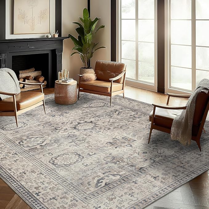 ReaLife Rugs Machine Washable Area Rug - Living Room Bedroom Bathroom Kitchen Entryway Office - Padded Low Pile Stain Resistant Premium - Boho Farmhouse Vintage - Paz - Beige Gray Ivory 5' x 7'