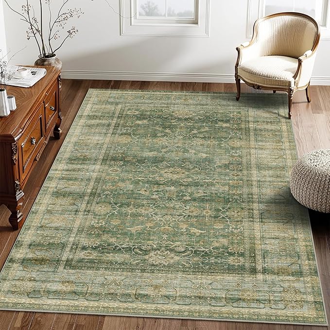 HelloTree Vintage Area Rug 4x6 Entryway Office Washable Carpet Non Slip Backing Printed Distressed Rugs for Bedroom Vintage Boho Tribal Area Rugs for Bathroom Bedroom Dining Living Room-Green