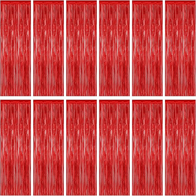 12 Pack Red Curtains, 3.28 FT x 7.05 FT Party Streamer, Metallic Party Backdrop Valentines Day Streamer Foil Curtains, Fringe Tinsel for Red Party Decor Casino Theme Decorations Party Supplies
