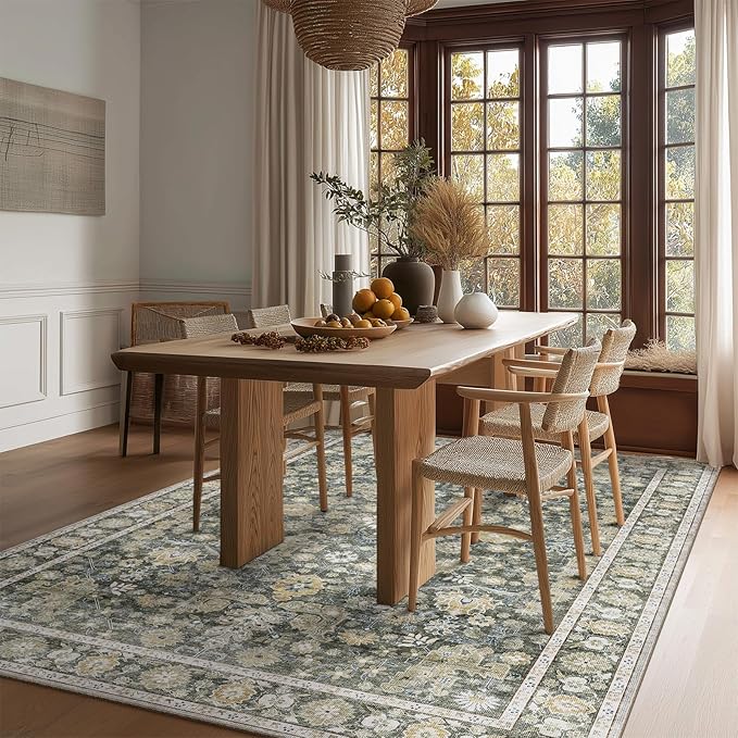 Washable Area Rugs 5'x7' Non-Slip Vintage Boho Distressed Fade Resistant Low Pile Carpet for High-Traffic Living Room, Bedroom & Dining Room