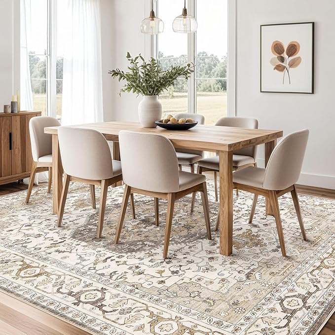 Area Rug for Living Room - 10x14 Soft Washable Oriental Vintage Floral Distressed Large Carpet - Fade Stain Resistant Non Slip Rugs for Bedroom Dining Room Nursery Dorm Office Home Decor-Camel/Beige