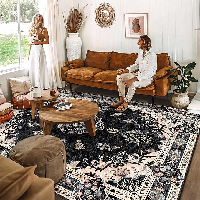 MUJOO Black Rug 8'x10' Area Rugs for Living Room Bedroom Dining Room,Large Washable Boho Bohemian Vintage Distressed Farmhouse Non Slip Carpet, Floral Flowers