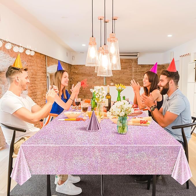 8 pcs Pale Pink Holographic Laser Tablecloths Light Pink Shiny Table Covers 40" x 108" Disposable Rectangle Table cloths for Girl Birthday Party Wedding Anniversary Bachelorette Baby Shower Décor