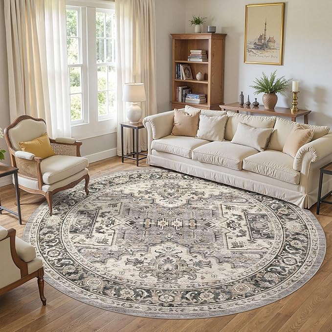 Area Rug for Living Room - 8x8 Soft Machine Washable Oriental Vintage Floral Distressed Large Indoor Floor Carpet for Bedroom Under Dining Table Home Office Decor - Brown