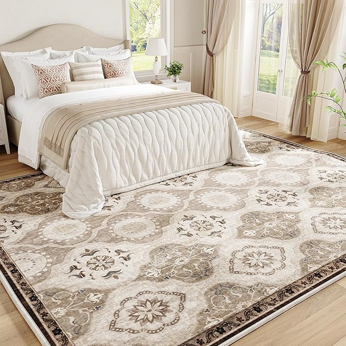 EnHomee 8x10 Area Rug, Soft Washable Rugs for Living Room Bedroom, Boho Non Slip Low Pile Stain Resistant Washable Rug Large Area Rugs for Dining Room,Easy to Clean Living Room Rug, Khaki