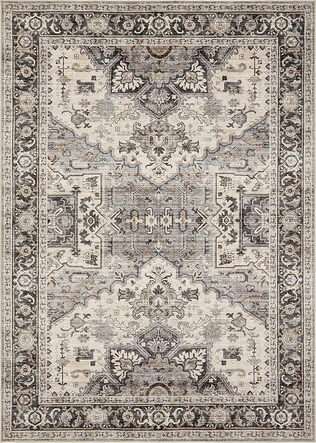 Area Rug for Living Room - 10x14 Soft Machine Washable Oriental Vintage Floral Distressed Large Indoor Floor Carpet for Bedroom Under Dining Table Home Office Decor - Brown