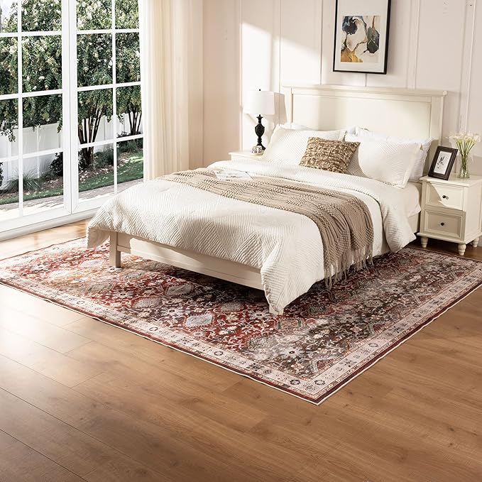 8X10 Area Rug,Washable Vintage Low Pile Rug for Living Room,Non-Slip Rug for Home Decor, Modern Indoor Carpet for Bedroom Dinning Room Office Nursery,Easy to Clean,Red