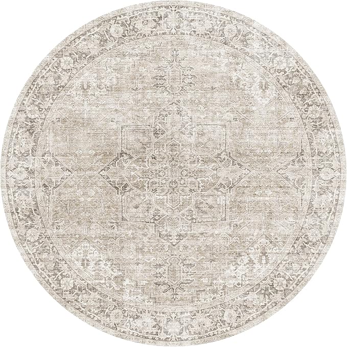 ReaLife Rugs Machine Washable Area Rug - Living Room Bedroom Bathroom Kitchen Entryway Office - Padded Low Pile Stain Resistant Premium - Boho Farmhouse Vintage - Lyle - Beige Ivory 4' Round