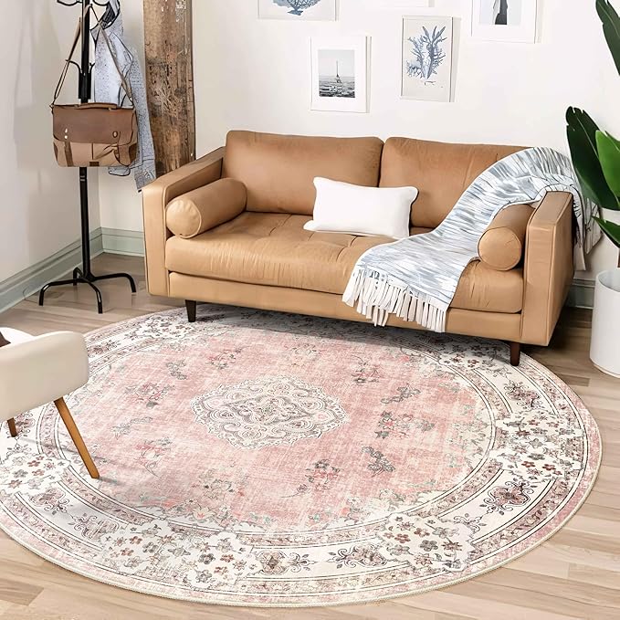 MUJOO Pink Round Rug 6ft,Circle Washable Area Rugs for Bedroom Living Room Bathroom,Boho Large Non Slip Circular Carpet,Blush Floral
