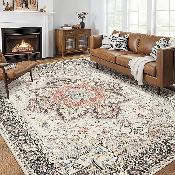 Area Rug 9x12 for Living Room, Medallion Printed Ultra-Thin Soft Large Carpet, Oriental Non Slip Big Washable Fade Stain Resistant Rugs for Bedroom Dining Room Home Office Decor