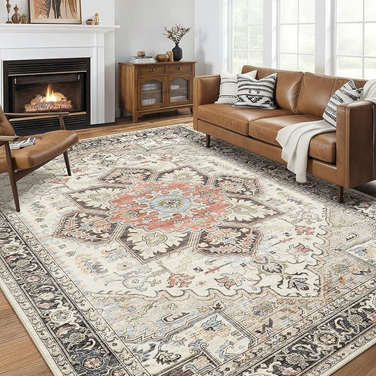 Area Rug 9x12 for Living Room, Medallion Printed Ultra-Thin Soft Large Carpet, Oriental Non Slip Big Washable Fade Stain Resistant Rugs for Bedroom Dining Room Home Office Decor