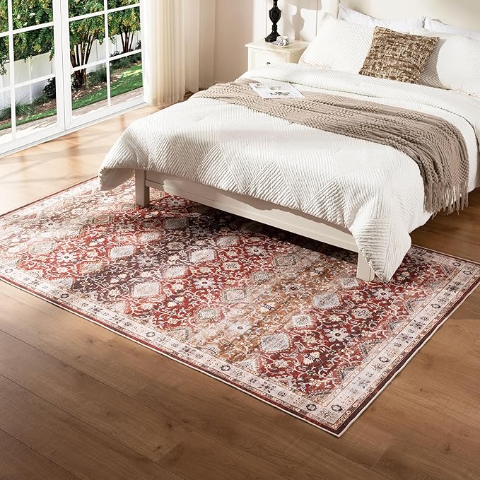 5X8 Area Rug,Washable Vintage Low Pile Rug for Living Room,Non-Slip Rug for Home Decor, Modern Indoor Carpet for Bedroom Dinning Room Office Nursery,Easy to Clean,Red