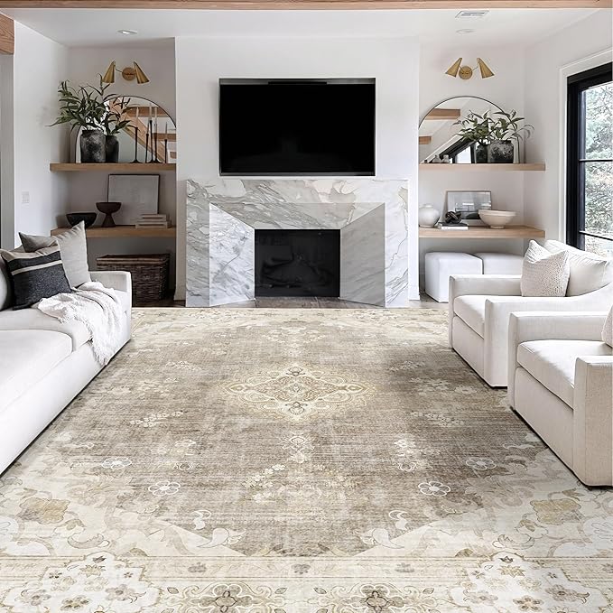 MUJOO 9’x12’ Area Rug Large Rugs for Living Room Bedroom Dining Room,Boho Washable Non Slip Bohemian Vintage Distressed Farmhouse Non Slip Big Carpet,Beige Floral Flowers