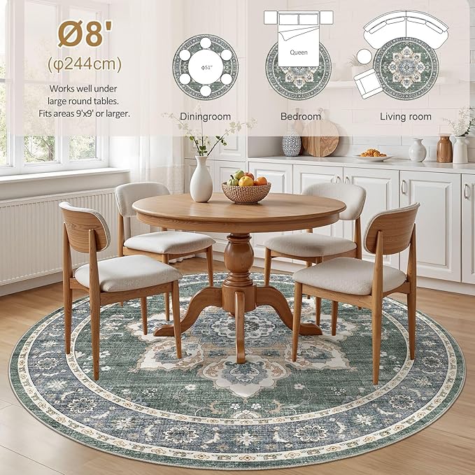 Area Rug for Living Room - 8x8 Soft Washable Oriental Vintage Floral Distressed Large Carpet - Fade Stain Resistant Non Slip Rugs for Bedroom Dining Room Nursery Dorm Office Home Decor - Green