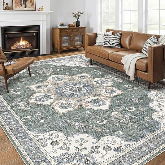 Area Rug for Living Room - 10x14 Soft Washable Oriental Vintage Floral Distressed Large Carpet - Fade Stain Resistant Non Slip Rugs for Bedroom Dining Room Nursery Dorm Office Home Decor - Green