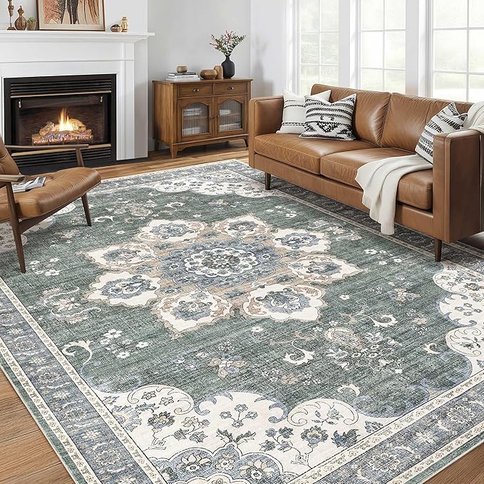 Area Rug for Living Room - 8x10 Soft Washable Oriental Vintage Floral Distressed Large Carpet - Fade Stain Resistant Non Slip Rugs for Bedroom Dining Room Nursery Dorm Office Home Decor - Green