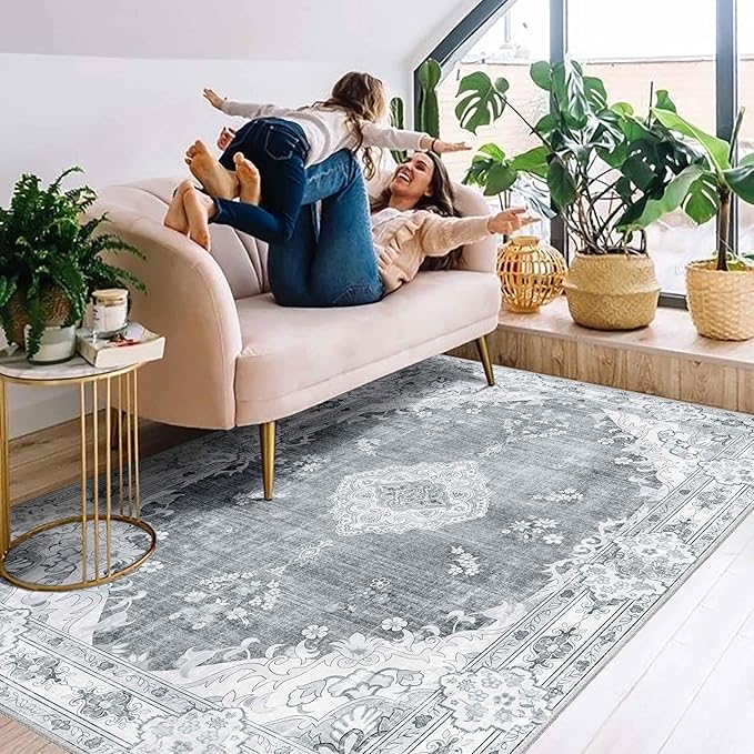 MUJOO Boho Rug 4'x6.5',Grey Area Rugs for Bedroom Living Room Dining Room,Machine Washable Non Slip Carpet Vintage Bohemian Distressed Farmhouse,Floral