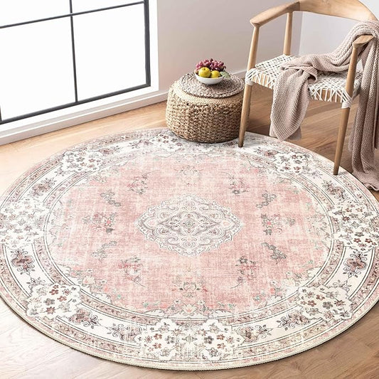 MUJOO Pink Round Rug 4ft,Circle Washable Area Rugs for Bedroom Living Room Bathroom,Boho Small Non Slip Circular Carpet,Blush Floral