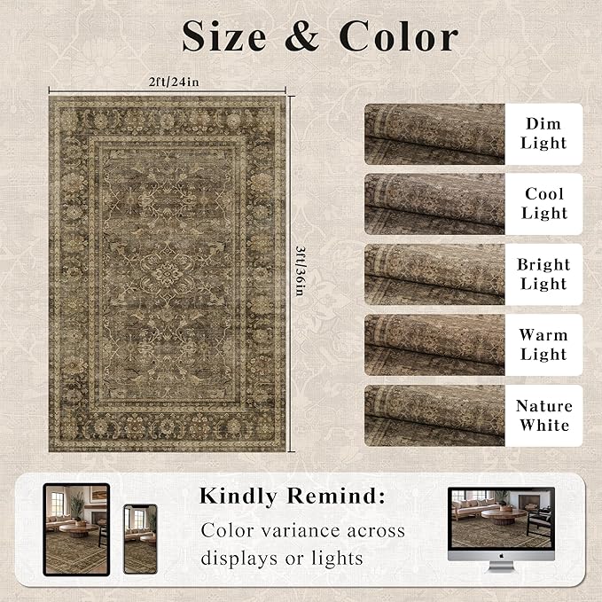 HelloTree 2x3 Entryway Rug Washable Vintage Print Door Mat Kitchen Rugs for Front Door Bedroom Living Room Entrance Small Soft Traditional Distressed Carpet Folable for Room Bedside-Brown