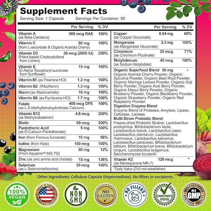 Women's Daily Multivitamin with Iron - Vegan Methylated Multivitamin for Women with Biotin, Organic Superfoods, Probiotics, B-Complex - Energy, Gut & Optimal Health Support – Easy to Swallow Capsules