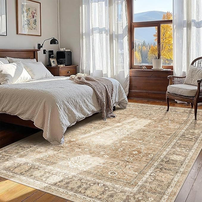 HelloTree Washable Rugs 6x9 Area Rug for Living Room, Vintage Boho Khaki Rug Non Slip Carpet Retro Accent Indoor Mat Print Distressed Low Pile Throw Large Rug for Office Bedside-Khaki