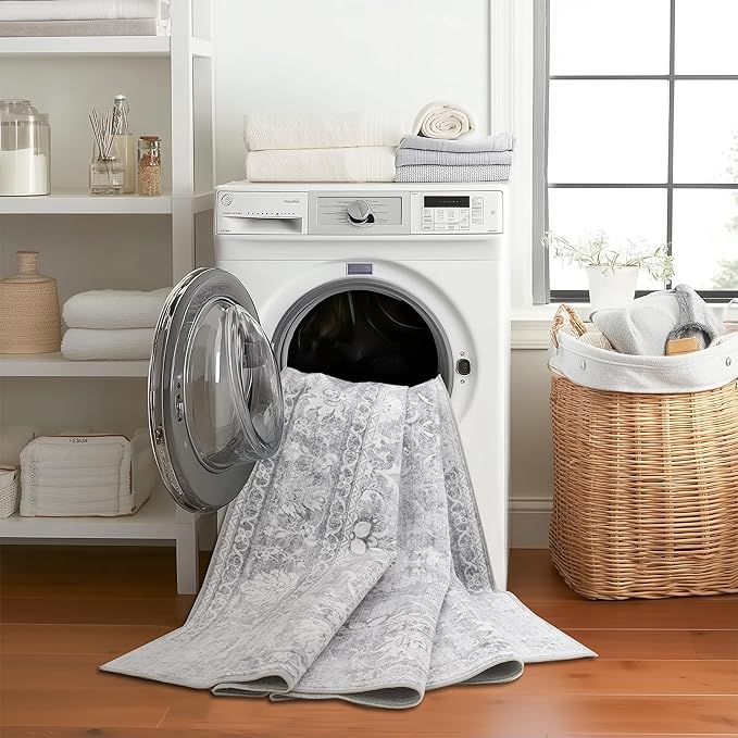 ReaLife Rugs Machine Washable Area Rug Runner - Living Room Bedroom Bathroom Kitchen Entryway Office - Padded Low Pile Stain Resistant Premium - Boho Farmhouse Vintage - Noor - Silver Ivory 2'6" x 8'