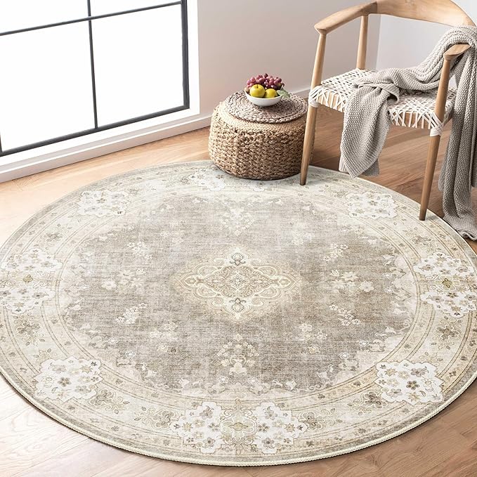 MUJOO Beige Round Rug 4ft,Circle Washable Area Rugs for Bedroom Living Room Bathroom,Vintage Bohemian Distressed Farmhouse Non Slip Circular Carpet,Floral