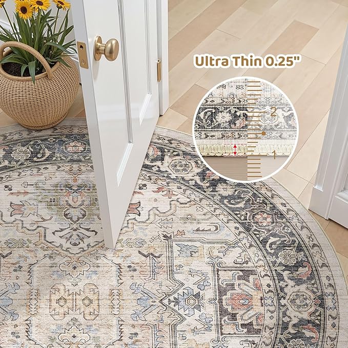 Area Rug for Living Room - 5x5 Large Soft Washable Oriental Vintage Floral Carpet Safe for Babies & Pets - Fade Stain Resistant Non Slip Rugs for Bedroom Dining Room Nursery Dorm Office Home Decor