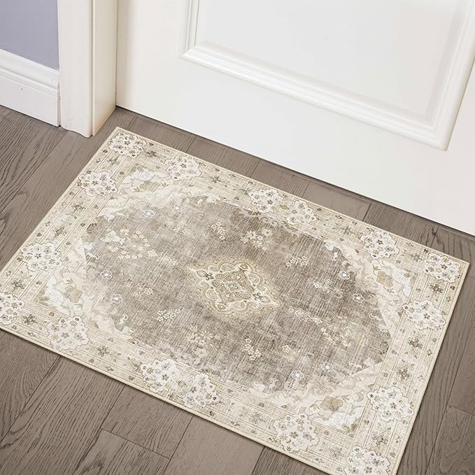 MUJOO Beige Rug 2'x3',Small Washable Area Rugs for Entryway Kitchen Bathroom Bedroom,Boho Vintage Bohemian Distressed Farmhouse Non Slip Carpet, Floral