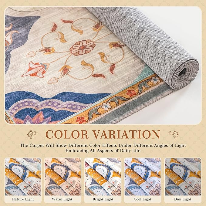 EnHomee Washable Area Rugs 4x6, Soft Area Rug for Living Room Bedroom, Boho Non Slip Low Pile Stain Resistant Washable Rug Large Carpet for Dining Room,Easy to Clean Living Room Rug, Colorful