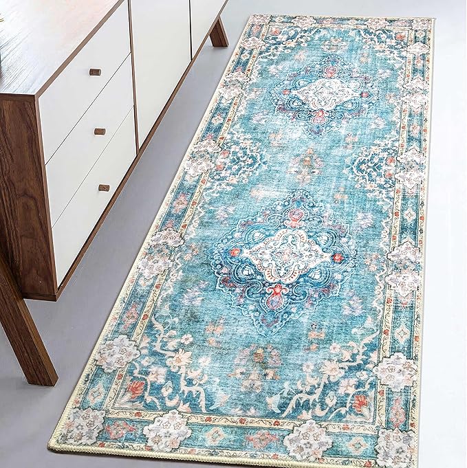 MUJOO Hallway Runner Rug - Machine Washable, Non Slip Boho Teal Rug for Hallways, Entryway, Kitchen, Bathroom, Bedside - Retro Soft Low-Pile 2'x6' Blue Blossom