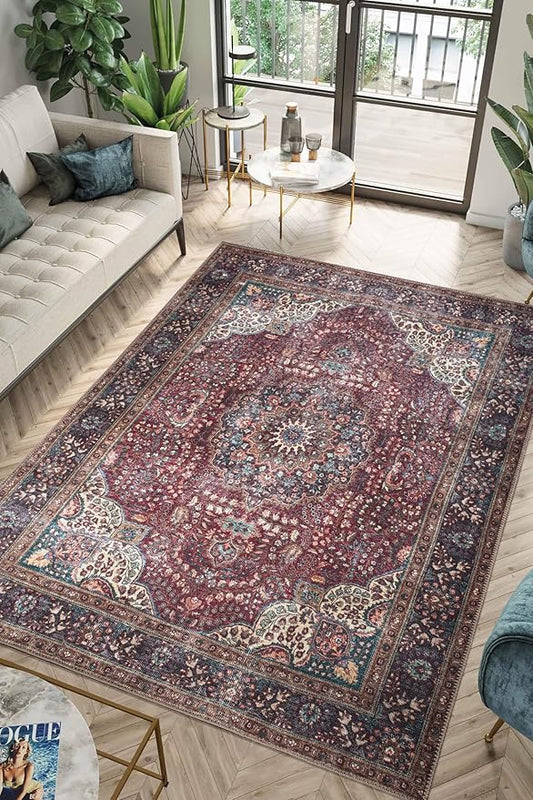 Keen Home Design 8x10 Rug - Machine Washable Area Rug with Non-Slip Backing, Ideal for Living Room, Dining Room, Bedroom - Vintage, Easy Clean, Durable, Low Pile Rug - (8' x 10')