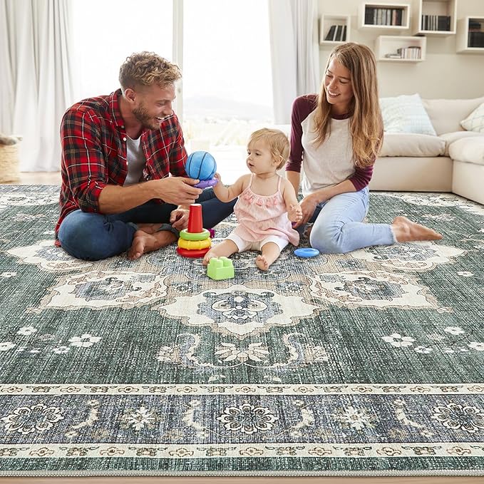 Area Rug for Living Room - 10x12 Soft Washable Oriental Vintage Floral Distressed Large Carpet - Fade Stain Resistant Non Slip Rugs for Bedroom Dining Room Nursery Dorm Office Home Decor - Green