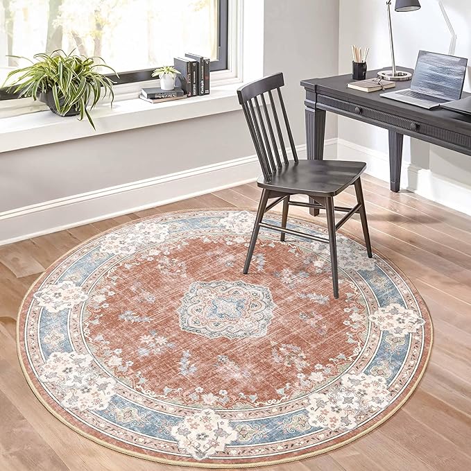 MUJOO Boho Round Rug 5ft,Circle Washable Area Rugs for Bedroom Living Room Bathroom, Large Vintage Distressed Non Slip Circular Carpet,Orange Navy Blue Floral